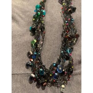 Artisan Handcrafted Crochet Multi Strand Glass Bead Statement Necklace Black 20"